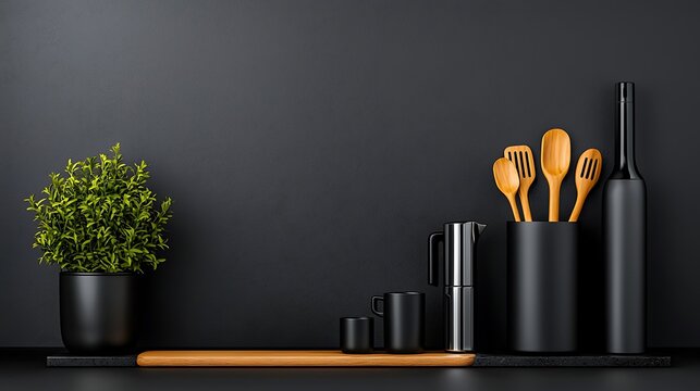 A photostock of a minimalist kitchen countertop with stylish utensils, Ultra-Realistic, Photo Realistic, highly detailed, 