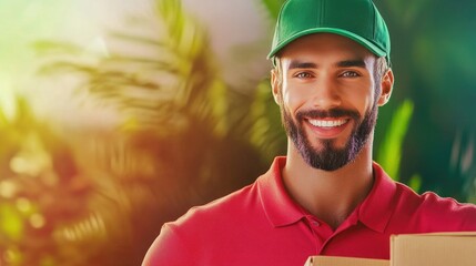 Fototapeta premium Smiling hispanic man delivering packages outdoors in bright setting