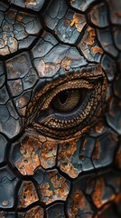 Obraz premium Close-up image capturing the intricate details and textures of a reptilian eye surrounded by cracked and weathered skin, highlighting the unique and mesmerizing patterns of nature