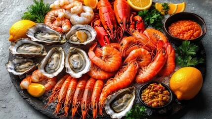 Fresh seafood platter with shrimp, lobster, oysters, lemon, and sauce.