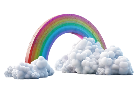 A 3D-Style Rainbow with Bright, Vibrant Colors Arching Over Fluffy Clouds, Isolated on a Transparent Background. Perfect for Whimsical, Nature, or Fantasy-Themed Designs