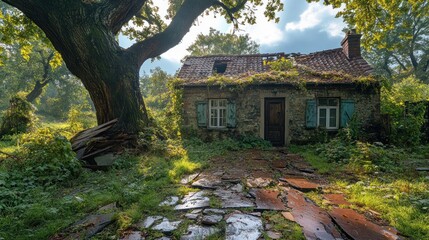 An overgrown, abandoned stone cottage surrounded by lush greenery and a large tree.
