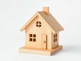 Minimalist Wooden Model House. Toy-Like Log Cabin in Neutral Tones. Small wooden house isolated on white background 