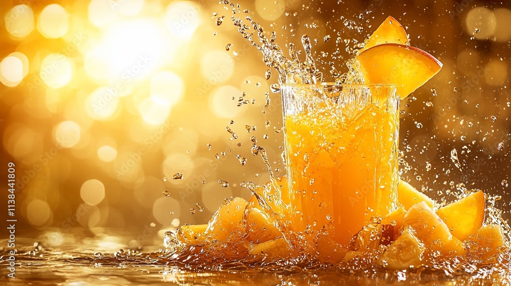 Poster refreshing mango juice splashing in glass with fruit slices.