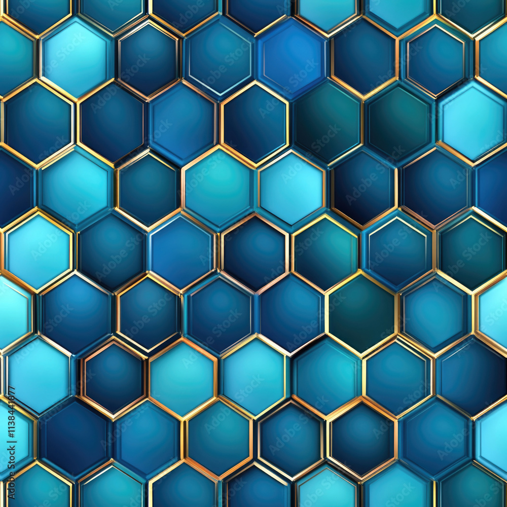 Poster abstract gold and blue hexagonal pattern with reflective surface