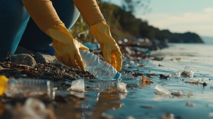Eco-Friendly Community Cleanup: Person in Gloves Collecting Plastic Bottles on Beach
