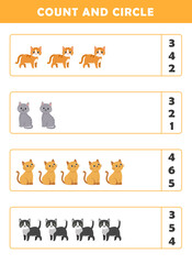 Count and circle the correct number. Counting educational children game. Math kids activity sheet. How many counting game with cute cats illustration.