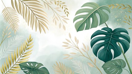  background with green leaves of monstera, palm, or fern. Add a soft light effect to create depth and make the background semi-abstract without excessive detail. Color palette: green.