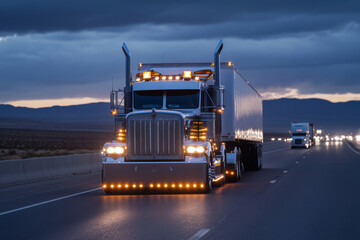 Semi truck with trailer driving on highway road at sunset. Concept of commercial freight transportation and logistics