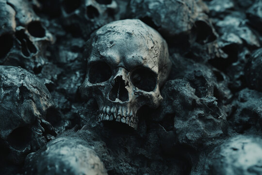 Pile of human skulls and bones in darkness. Human remains after death