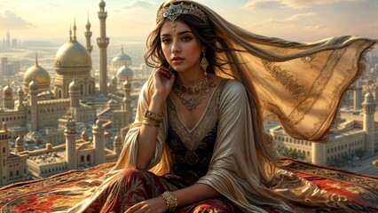 The princess is flying on a magic carpet, the fairy tale of the magic lamp of Aladdin