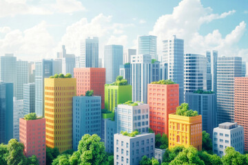 Obraz premium Miniature cityscape with colorful buildings and lush green parks. Sustainable urban development