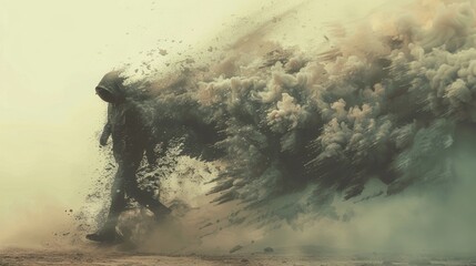 A surreal and dynamic depiction of a person walking as their form dissipates into billowing clouds, merging human movement with ethereal elements of nature