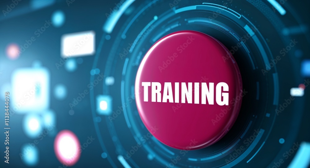 Poster training word lettering on a button in digital tech blur background