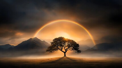 A photostock of a vibrant rainbow stretching across a scenic mountain valley, Ultra-Realistic, Photo Realistic, highly detailed, 
