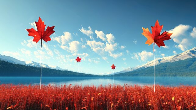 Canada's independence day landscape with maple leaves by a mountain lake