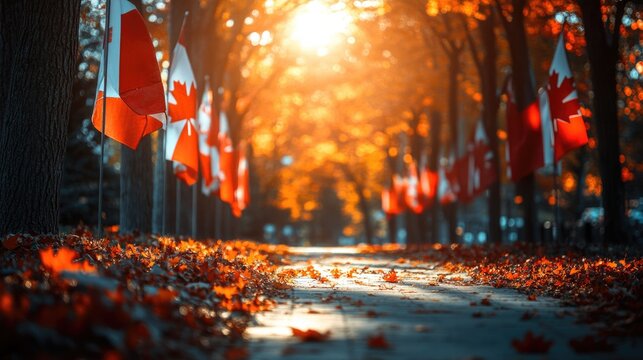 Canada day celebration in autumn park with maple leaf flags adorning the pathway - Powered by Adobe