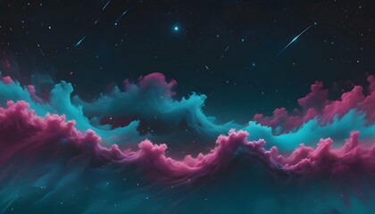 Fototapeta premium Colorido paisaje cósmico abstracto con formas y partículas brillantes y fluidas sobre un fondo estrellado oscuro