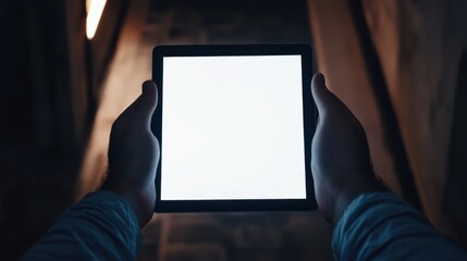 Naklejka premium Modern Technology Mockup - Male Hands Holding Tablet with Blank White Screen for Digital Interface Presentation