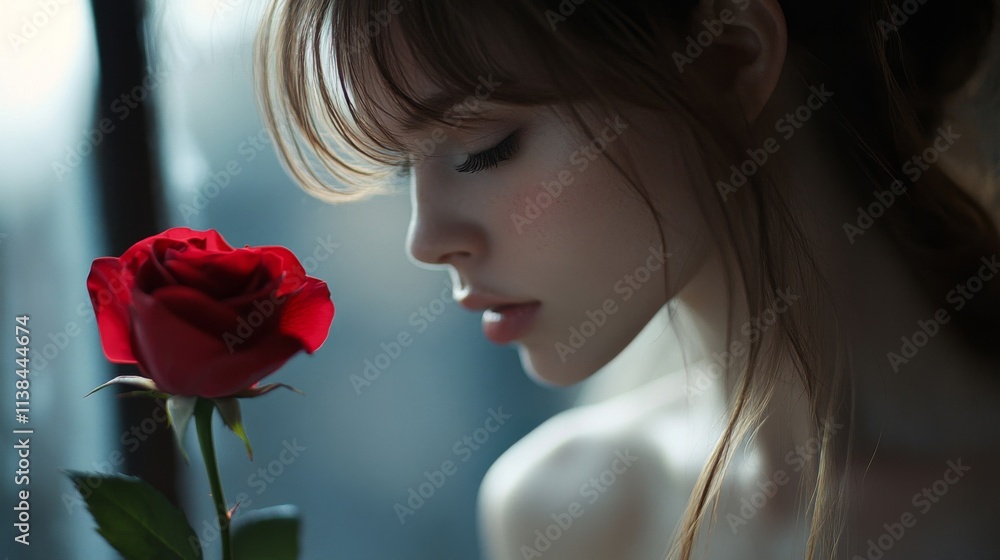 Wall mural Young Woman Inhaling The Fragrance Of A Red Rose