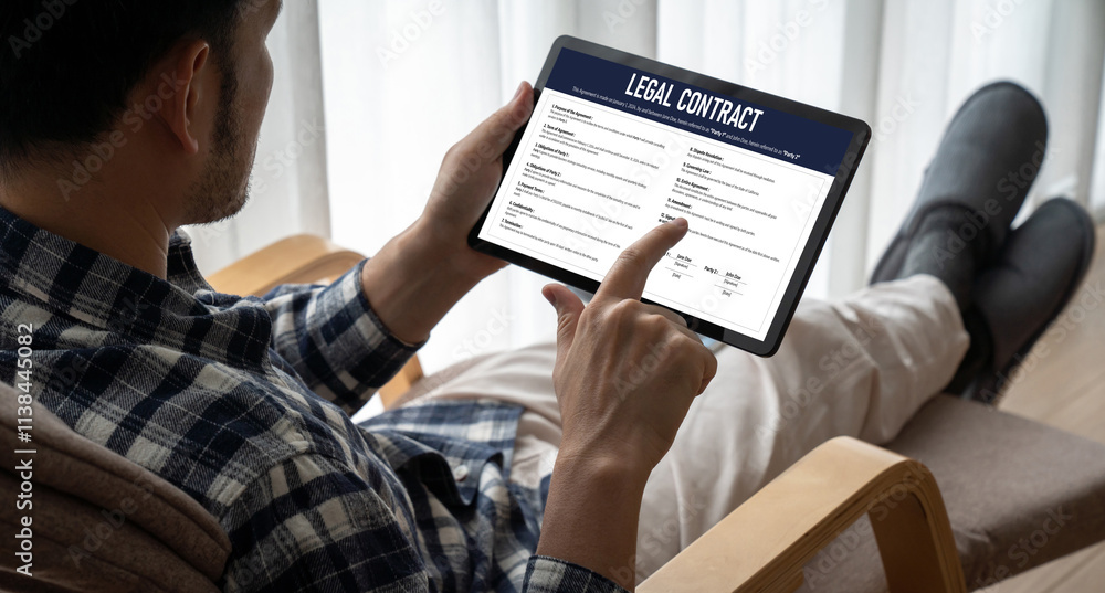 Poster digital legal contract provide terms and conditions document on computer screen ready for online dig