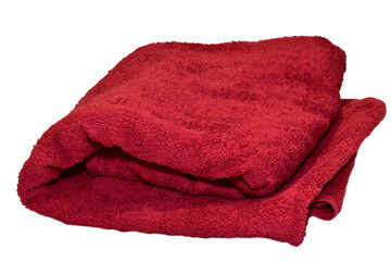 A large red terry towel lies on a PNG background.