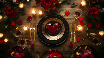 A Stunning Luxurious Art Deco Valentine's Day Celebration with Glimmering Golden Cutlery and Symmetrical Heart Motifs