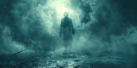 Mysterious silhouetted figure emerging from dense ethereal fog in an otherworldly landscape creates an eerie and suspenseful atmosphere at twilight