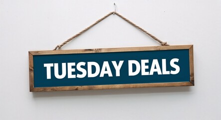 Obraz premium Tuesday deals lettering on hanging sign board on plain white background