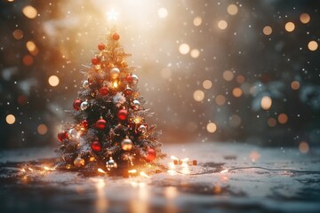 A beautifully decorated Christmas tree adorned with red, gold, and silver baubles, surrounded by soft, blurred shiny lights creating a warm festive glow.