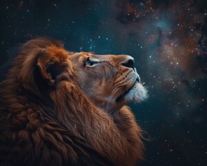 Naklejka premium Majestic Symbol. African Lion Stargazing in Night Sky: Fantasy Leo in Dark Abstract Portrait