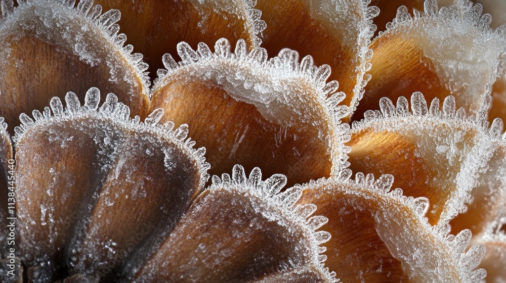 Aufkleber close-up of a frost-covered plant structure showcasing intricate textures.