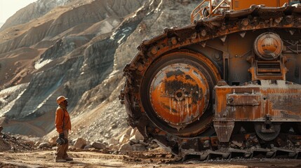 Miner standing near large mining vehicle.