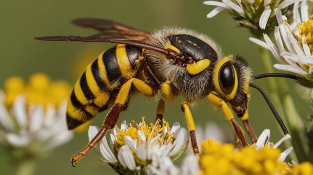 A macro shot of a male beewolf (Philanthus triangulum) seen on ragwort in July