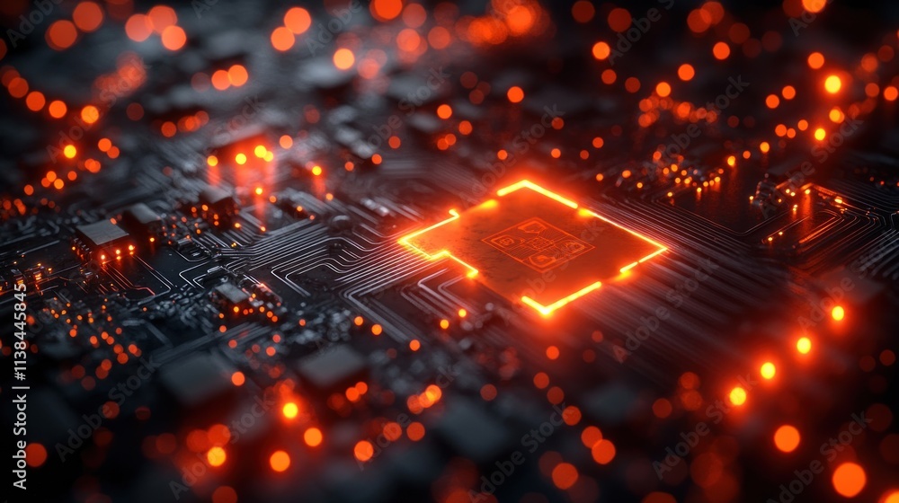 Poster close-up of a glowing microchip on a circuit board, showcasing technology and innovation.