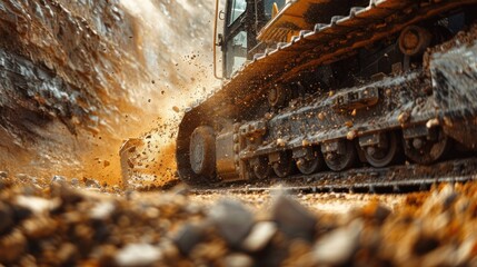 Close-up of a bulldozer's tracks moving earth in a construction site.