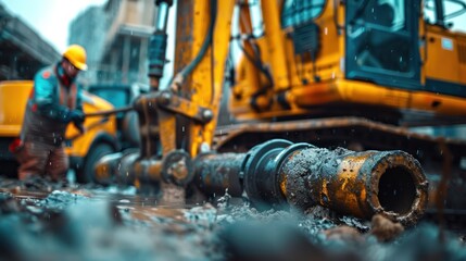 Worker repairing a muddy pipe near an excavator.