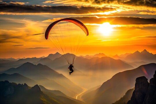 Paraglider Soaring Above Mountain Range at Sunset with Silhouette and Scenic View - Powered by Adobe