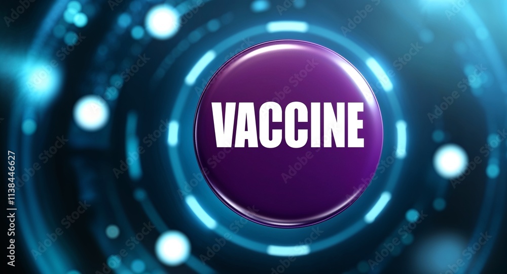 Poster vaccine word lettering on a button in digital tech blur background