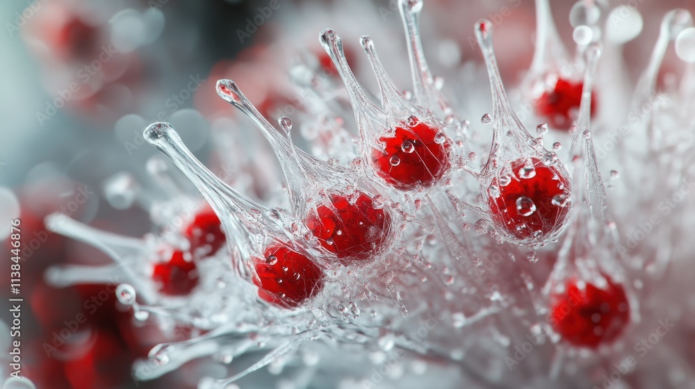 Aufkleber Close-up of a microscopic structure with red elements resembling virus spikes.