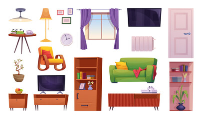 Living room. Furniture composition for living room in modern style exact vector template set