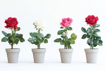 Fototapeta premium Potted roses in red, white, and pink shades arranged in gray pots on a white background, ideal for gardening, home decor, and floral themes.