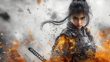 A female warrior standing tall with a katana, her intricate armor glowing under dramatic lighting. The charcoal strokes emphasize depth, with a blurred background accentuating her fierce expression. 