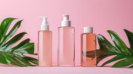 Stylish and Modern Cosmetic Bottles with Pink and Green Tropical Aesthetic for Beauty and Skincare Products on Minimalist Background