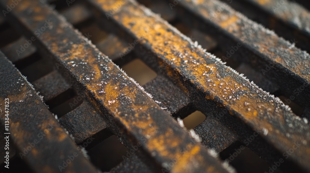 Poster close-up of a rusty metal grate with a textured surface and some white residue.