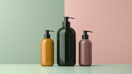 Elegant Display of Three Stylish Pump Bottles in Minimalist Arrangement, Showcasing Contemporary Colors and Sleek Designs on Soft Pastel Backgrounds