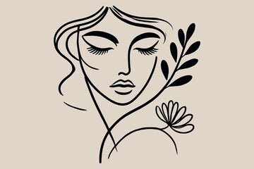 Minimalist line art portrait of a woman with flowers in black ink