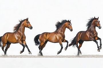 Horses in motion captured running against a white background, showcasing their dynamic movement, power, and grace, ideal for wildlife themes and equestrian concepts.

