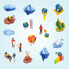 Climate change recolor set of forest fires volcanic eruption melting glaciers protesting people isometric icons isolated vector illustration