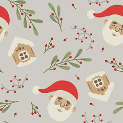 Seamless pattern christmas santa, gingerbread house